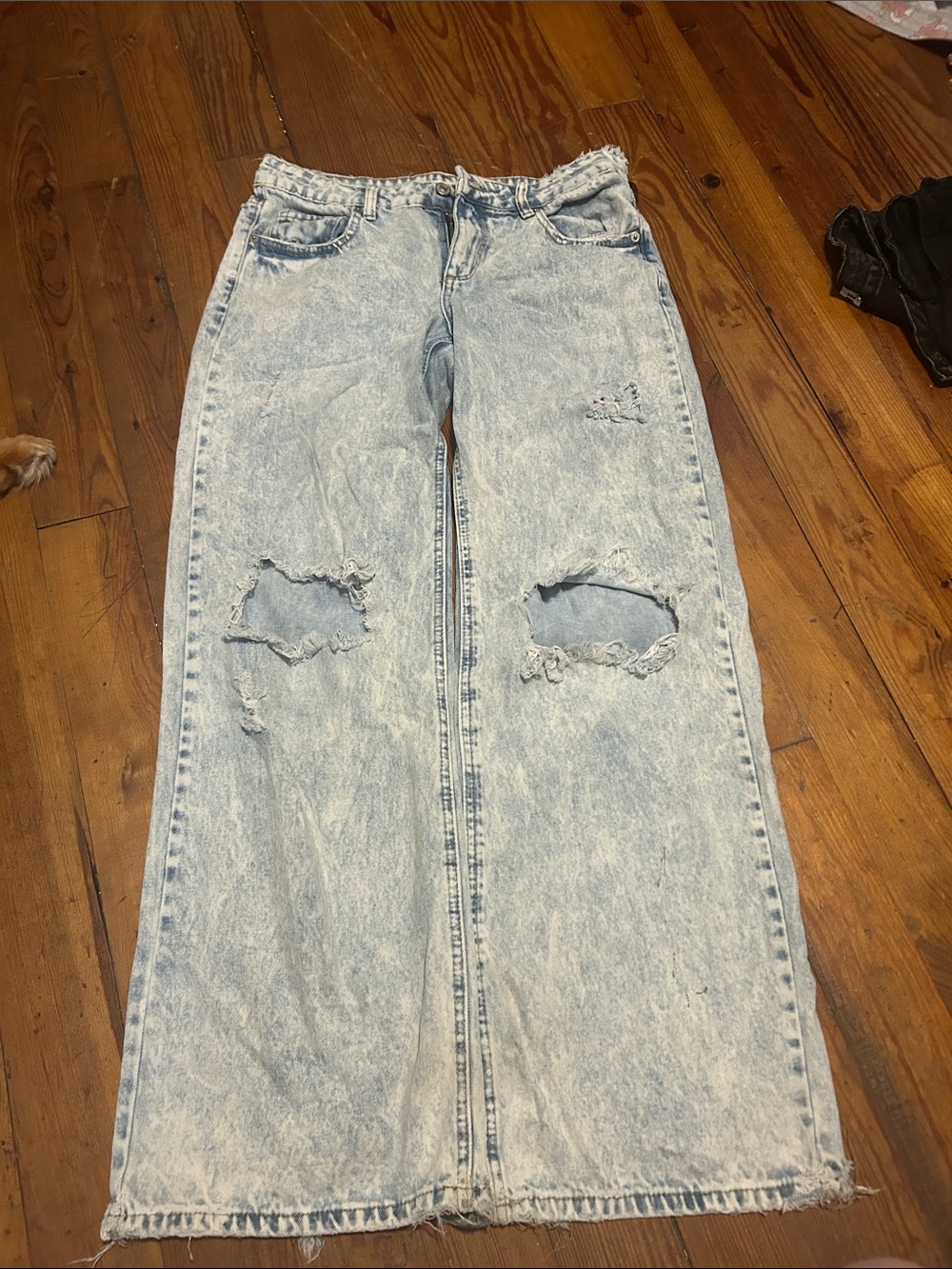 High-Rise Light Blue Distressed Wide-Leg Jeans